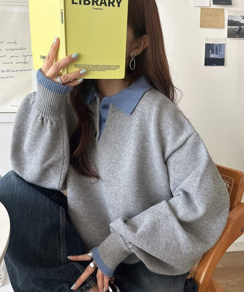 《JaVaジャバコラボ》たっぷりポロが可愛い。配色襟付きヘンリーオーバーサイズニット (長袖) jv1350020