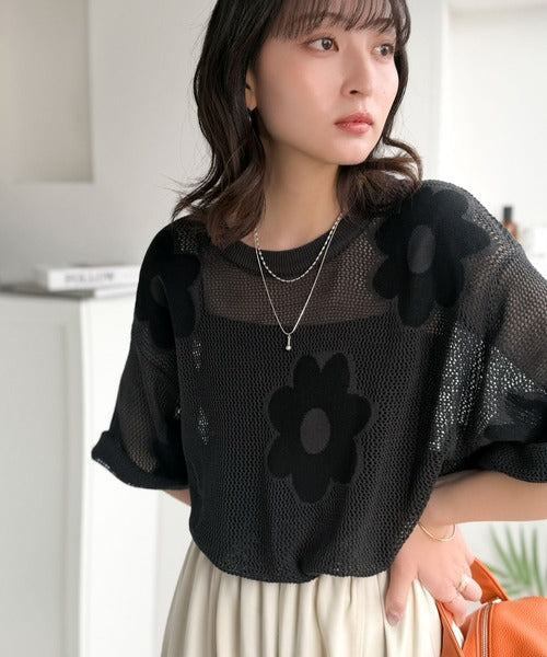 配色花柄で華やかに決まる♪フラワーモチーフジャガードメッシュサマーニット ce1350015
