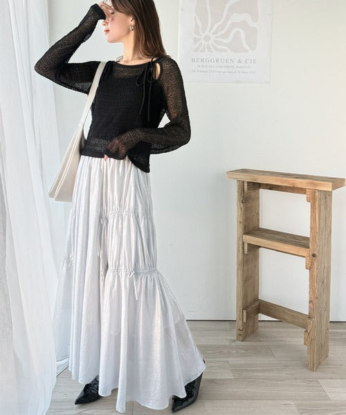 【mily bilet】大人かわいい肌見せを叶える。プレートデザイン前後2WAYメッシュ編み肩リボンニットプルオーバー（長袖） mi1259014