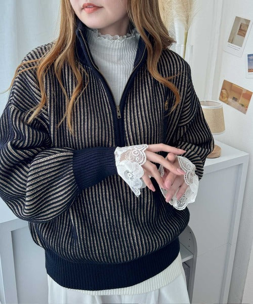 お洒落な配色でワンランク上の秋冬コーデ。胸刺繍バイカラーリブニットハーフジッププルオーバー ce1020183