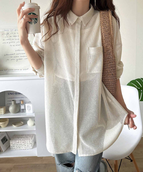 「風が透き通る」。比翼デザイン胸ポケットスラブメッシュシャツ（長袖） ce1010462