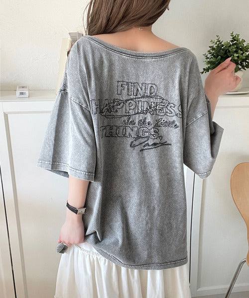 綿100%メンズライクヴィンテージウォッシュ☆前後2way刺繍ワイドネックTシャツ ce1260421