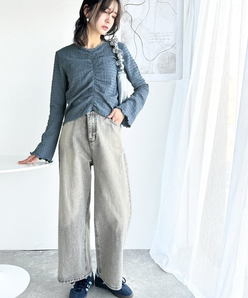 大人の魅力を引き立てる。胸シャーリングジャガードトップス（長袖） ce1010397
