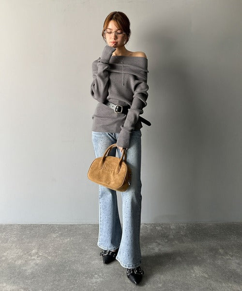 【mily bilet】立体的なシルエットが叶えるデコルテ魅せ♪指穴ドレープ使いファンオフショル２WAYリブニット mi1029137