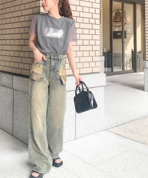 【mily bilet】1枚で上級お洒落style。チュール重ね着風シルバー箔プリントTシャツ mi1149050