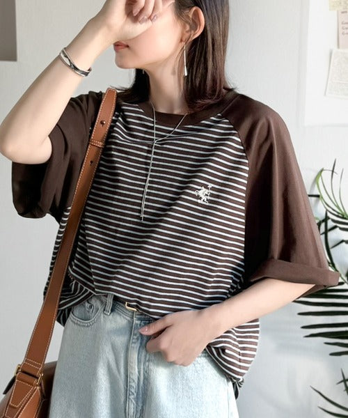 《JaVaジャバコラボ》お洒落迷子の救世主。綿100％胸刺繍ラグラン配色ボーダーTシャツ jv1260558