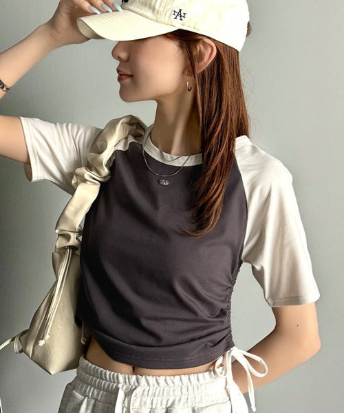 【mily bilet】サイドの絞りが可愛いさプラス。プレート使いラグランTシャツ（半袖） mi1329027