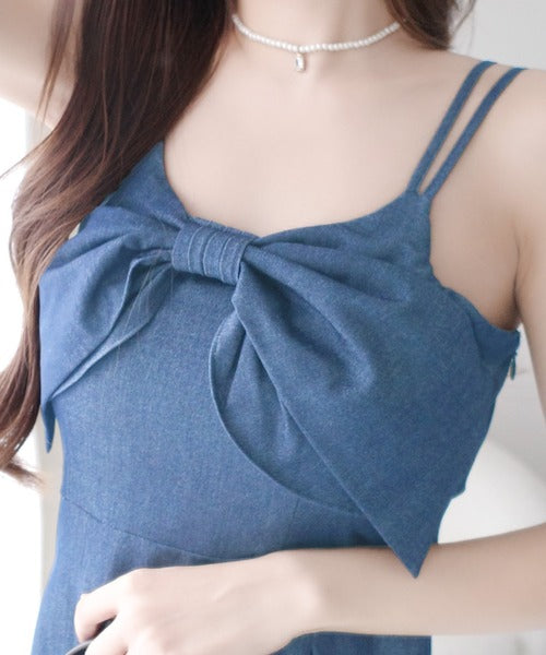 【mily bilet】［機能性素材］スタイリング要らずの可愛さ！フロントビックリボンハイウエスト切替デニムキャミワンピース（ロング） mi1329069