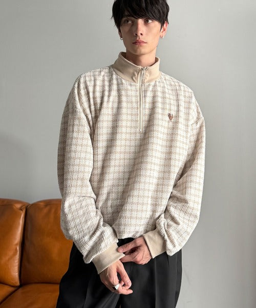 【Classical Origin】「上品カジュアル」。裾ドロスト付きツイード素材ハーフジッププルオーバー（長袖）/Tweed Fabric Drawcord Half-Zip Pullover co1010032