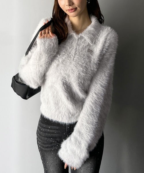 【mily bilet】カジュアルな大人ふんわり。メタルプレート使いフェザーシャギーポロニット（長袖） mi1029134