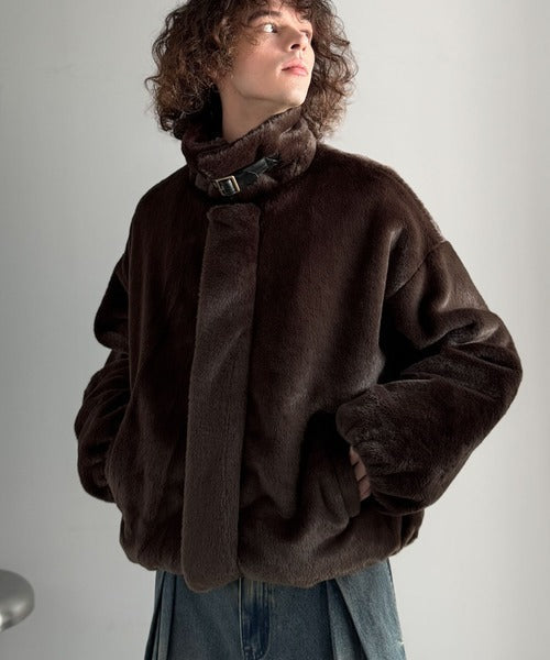 【Classical Origin】「3wayアレンジ可能。」ベルト襟フェイクファー素材ジャケット／Belted Collar Faux Fur Jacket co1150080