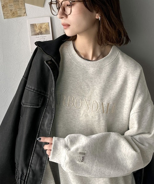《JaVa ジャバコラボ》微配色刺繍の上品ロゴデザイン。刺繍カレッジロゴ裏起毛スウェット jv1330040