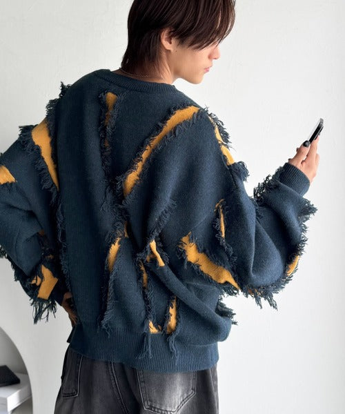 【classical origin】「着るだけで、印象派」。フリンジデザイン配色オーバーサイズニット（長袖）/Fringe design oversized long sleeve knit ao1260444