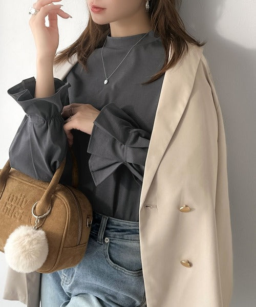 ひとさじの甘さ。微光沢仕立て、シルケット加工ハイネックキャンディスリーブTシャツ（長袖） ce1020306