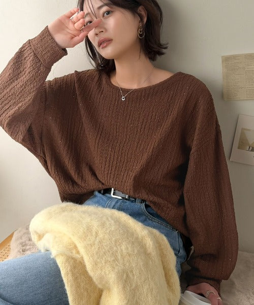 きらめき×立体感で、シンプルコーデを今っぽく。ラメ入りジャガード素材サイド切り替えプルオーバー（長袖） ce1350028