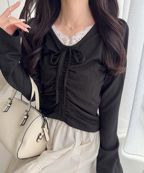 【mily bilet】レース×シャーリングで、甘さをひとさじ。レースドッキングパフスリーブジャガードトップス（長袖） mi1359080
