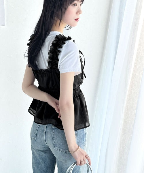 【mily bilet】愛され大人フェミニン。リボン使いフリルオーガンジービスチェキャミソール mi1019072