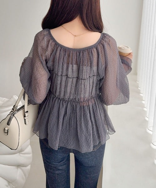【mily bilet】1枚で2通り。透け感×チェックで、甘さをほどよく。前後2wayシアーチェックブラウス mi1359032