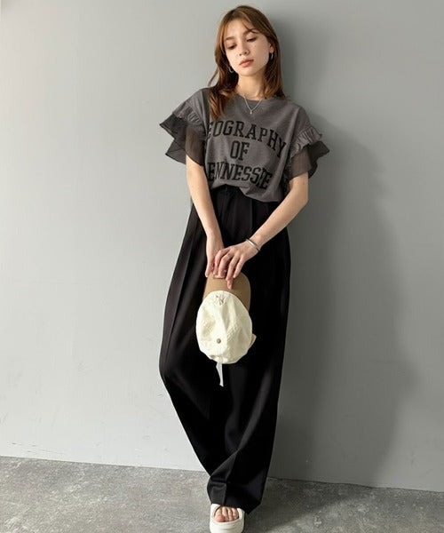 【mily bilet】可愛さふわり2倍増し！ ダブルフリル袖カレッジライクロゴゆるTシャツ mi1329036