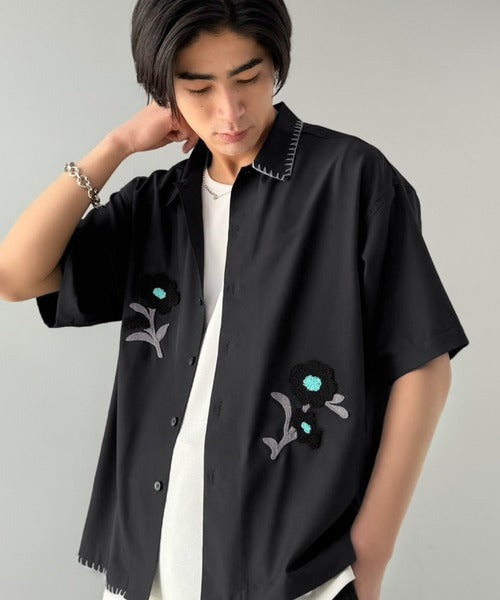 【接触冷感機能付き】サガラ刺繍フラワーステッチシャツ／Cool-Touch Fabric Sagara Embroidered Flower Stitch Shirt (半袖) co1320019