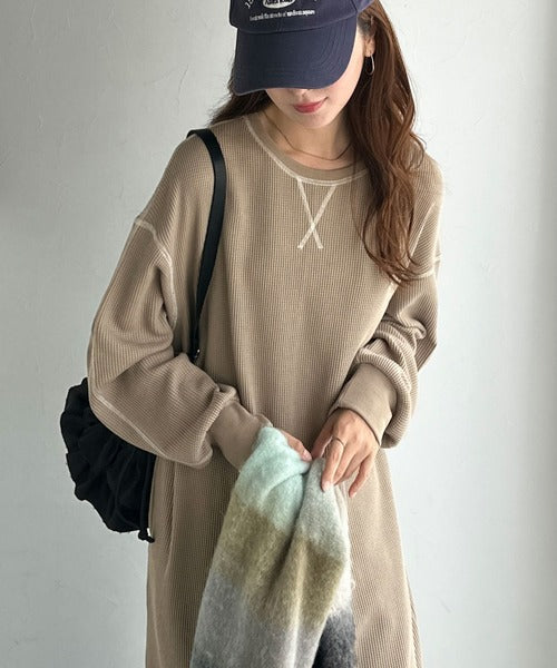 《JaVaジャバコラボ》後姿が可愛い◎配色ステッチワッフルロングワンピース（長袖） jv1260504