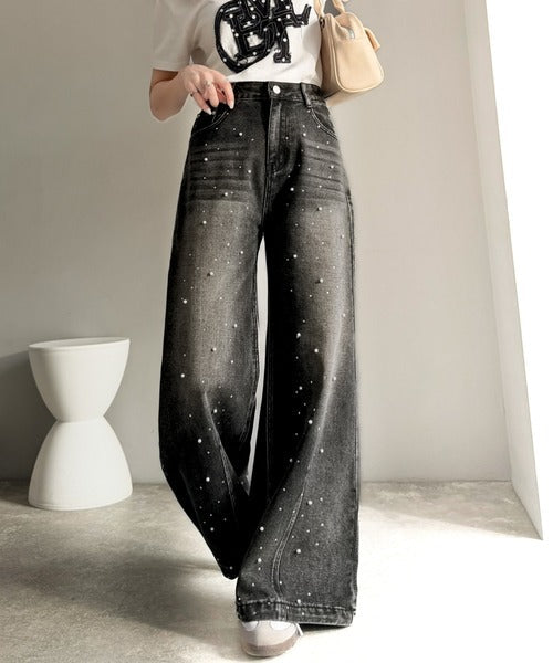 【mily bilet】カジュアルにきらめきを。パールビジューワイドストレートデニムパンツ mi1419001