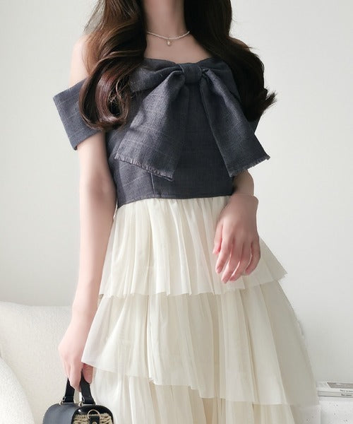【mily bilet】一枚に大人可愛いを凝縮。リボンデザイントップス×チュールスカートドッキングキャミワンピース (ロング丈) mi1139113