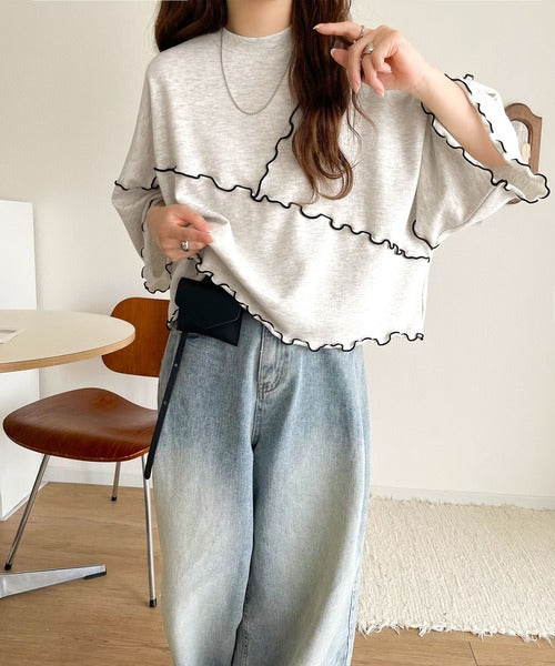 Tシャツより可愛く、スウェットより軽やか♪5分袖メロウ切替裏毛トップス ce1020310