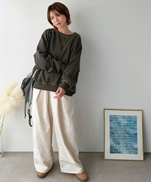 《JaVaジャバコラボ》配色ステッチが映える◎裏起毛ガゼット＆袖刺繍プルオーバー jv1050391