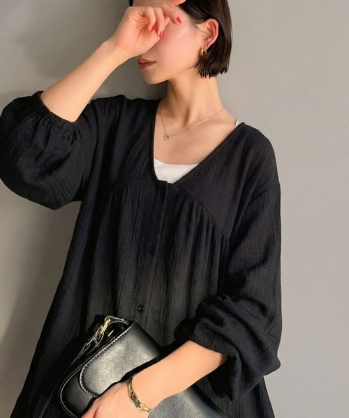【Classical Evon】華やかさと体型カバーを両立する、着回し抜群な1枚。前後2wayパナマ風ティアードチュニック（長袖） ev1010591