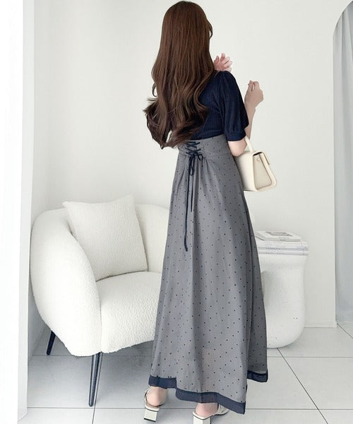 【mily bilet】待望の半袖ver.登場！ドット柄配色切り替えドッキングワンピース（ロング丈） mi1139108