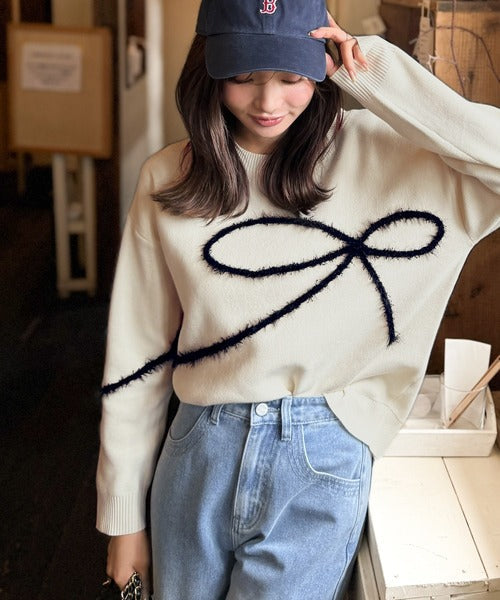 【mily bilet】ゆるっと可愛げ、ふわっと存在感。リボンフェザーコード刺繍ニット（長袖） mi1029130