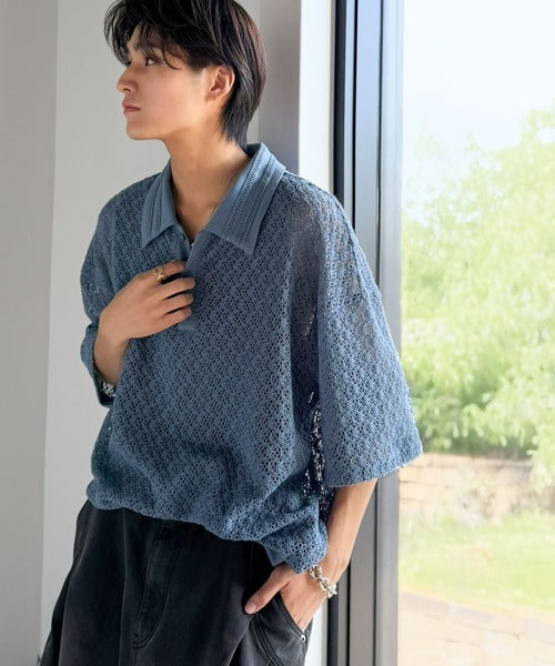 「透け感、モードの余韻。」衿ダブルライン使いレース柄ニットポロシャツ/Lace Detail Knit Polo Shirt co1010010