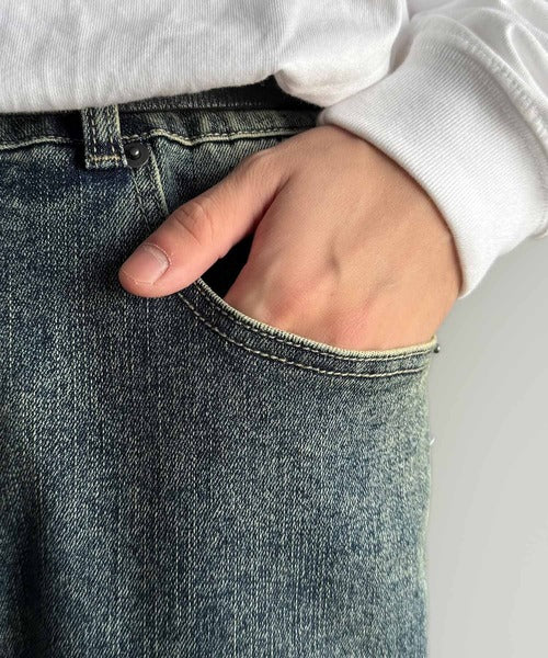 【Classical Origin】「スタイル盛れる。」ブラスト＆裾フリンジ加工ストレッチ素材スリムフレアデニムパンツ／Blasted & Fringed Stretch Slim Flare Denim Pants co0900008
