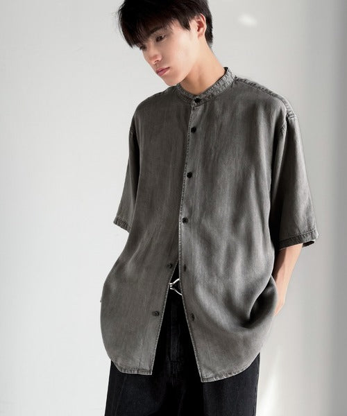 Rayon Denim Band Collar Relaxed Shirt／ヴィンテージ加工ルーズフィットデニムシャツ co1150011