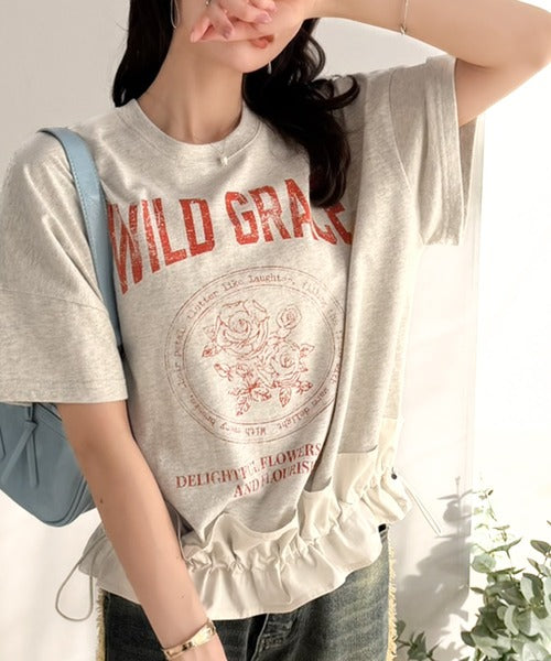 【mily bilet】甘辛バランスが叶う！綿100％ゆるシルエット裾ドロストフリルプリントTシャツ mi1329075