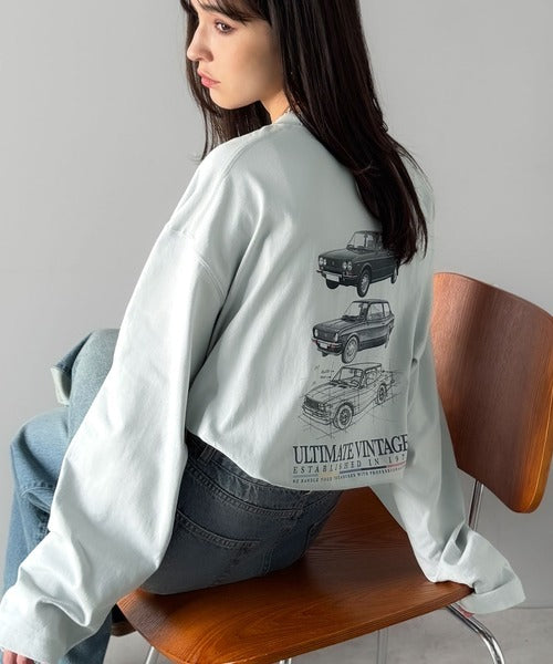 《JaVaジャバコラボ》ヴィンテージ感漂う綿100%クラシックカーグラフィックTシャツ（長袖） jo1150067