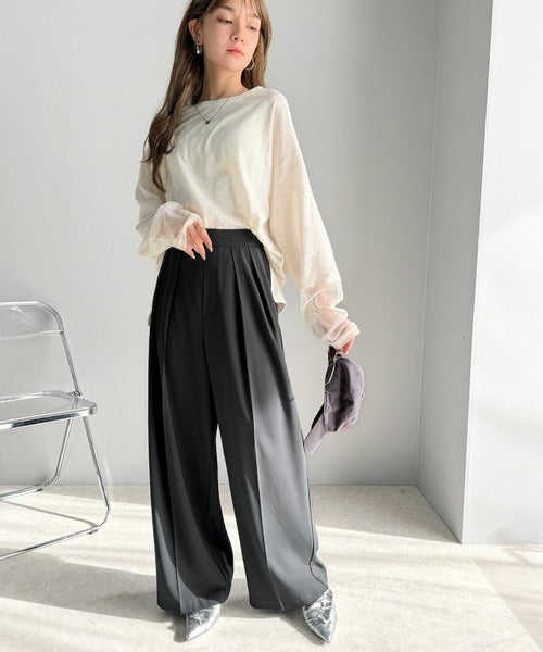 すっきりシルエット。防シワ効果素材2タックハイウエストワイドパンツ ce0940222