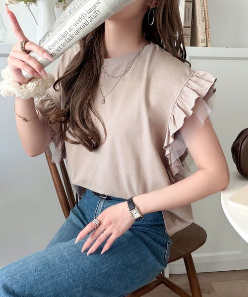 【UVカット・吸水速乾・接触冷感機能付き】ふんわり大人トップス。袖チュール切替フリル使いフレンチスリーブTシャツ ce1110172
