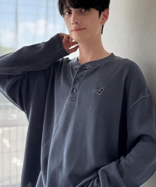 【Classical Origin】「リラックス感、こなれ感。」ピグメント加工サーマルヘンリーネックTシャツ（長袖）/Pigment-Dyed Thermal Henley T-Shirt co1150051