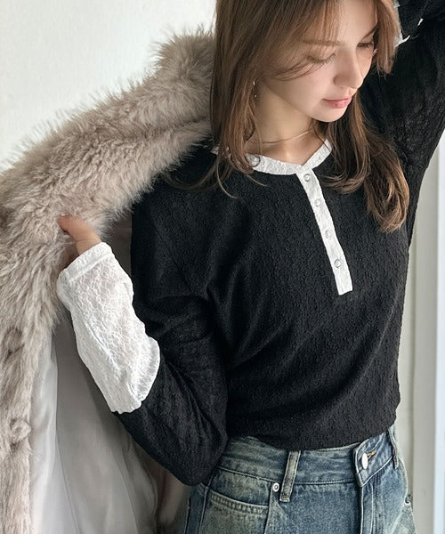 【mily bilet】シンプルさの中にフェミニンさをプラスしたデザイン。袖配色レースヘンリーカットソー（長袖） mi1019107