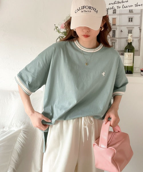 《JaVa ジャバコラボ》大人スポーティー。綿100%シルケット 配色刺繍Tシャツ jv1050074