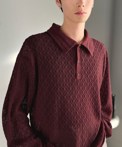 「透け感、モードの余韻。」衿ダブルライン使いレース柄ニットポロシャツ／Double-Line Collar Lace Pattern Knit Polo Shirt co1010049