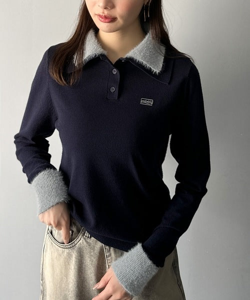 【mily bilet】上品とカジュアルを叶える、大人コーデが即完成。ファー使いダブル襟ロゴプレートニットポロ(長袖) mi1029150