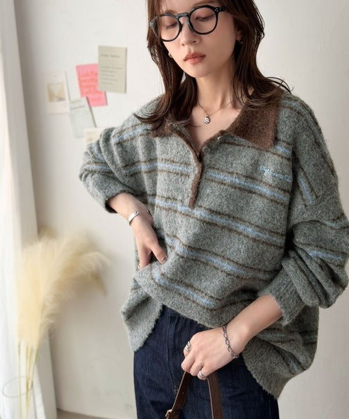 メンズライクに女子っぽさを。胸刺繍ブークレ配色ボーダーニットポロ（長袖） ce1240142