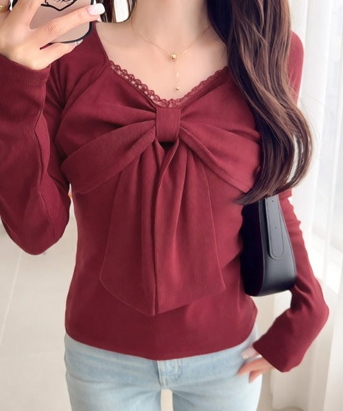【mily bilet】一枚でときめく、主役級ビッグリボン×繊細レースで大人ガーリーに♪リボンレーストップス（長袖） mi1019160