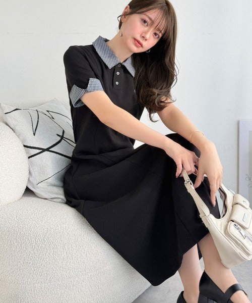 【mily bilet】パネルラインが描く美シルエット。ハーフスリーブポロワンピース (ロング丈) mi1329100