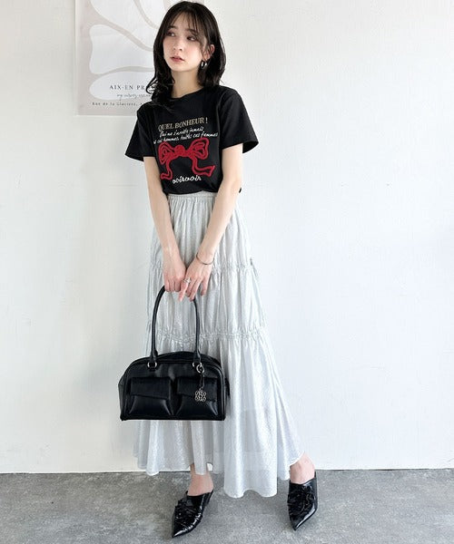 【mily bilet】華やか大人ガーリー。リボンコード刺繍プレートデザインTシャツ mi1329025