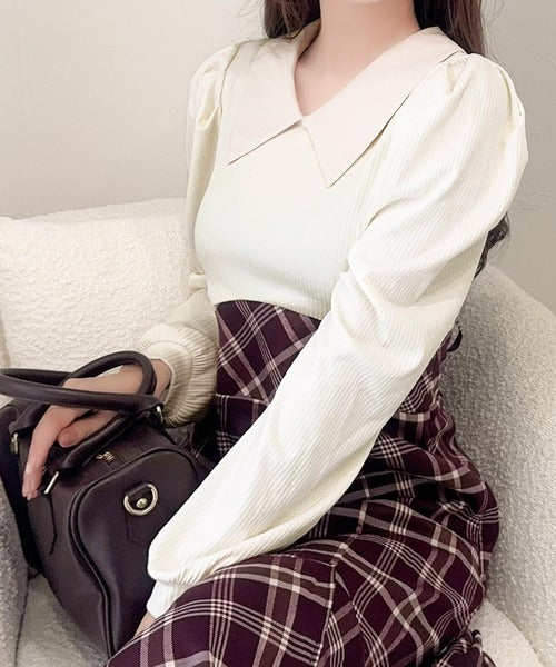 【mily bilet】愛され要素がぎゅっと盛り♪シャツ襟チェックアシメフリルドッキングロングワンピース（長袖） mi1139088