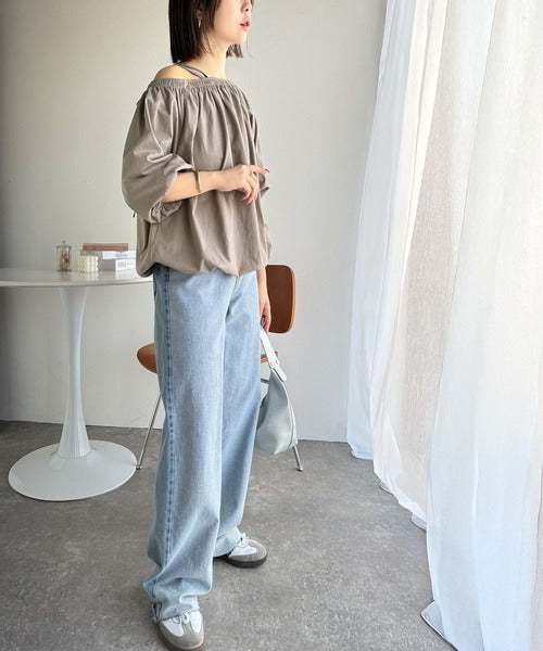 抜け感たっぷりの旬顔。マルチway綿100％シルケット加工ギャザー使いバルーンシルエットアシメブラウス（半袖） ce1260381